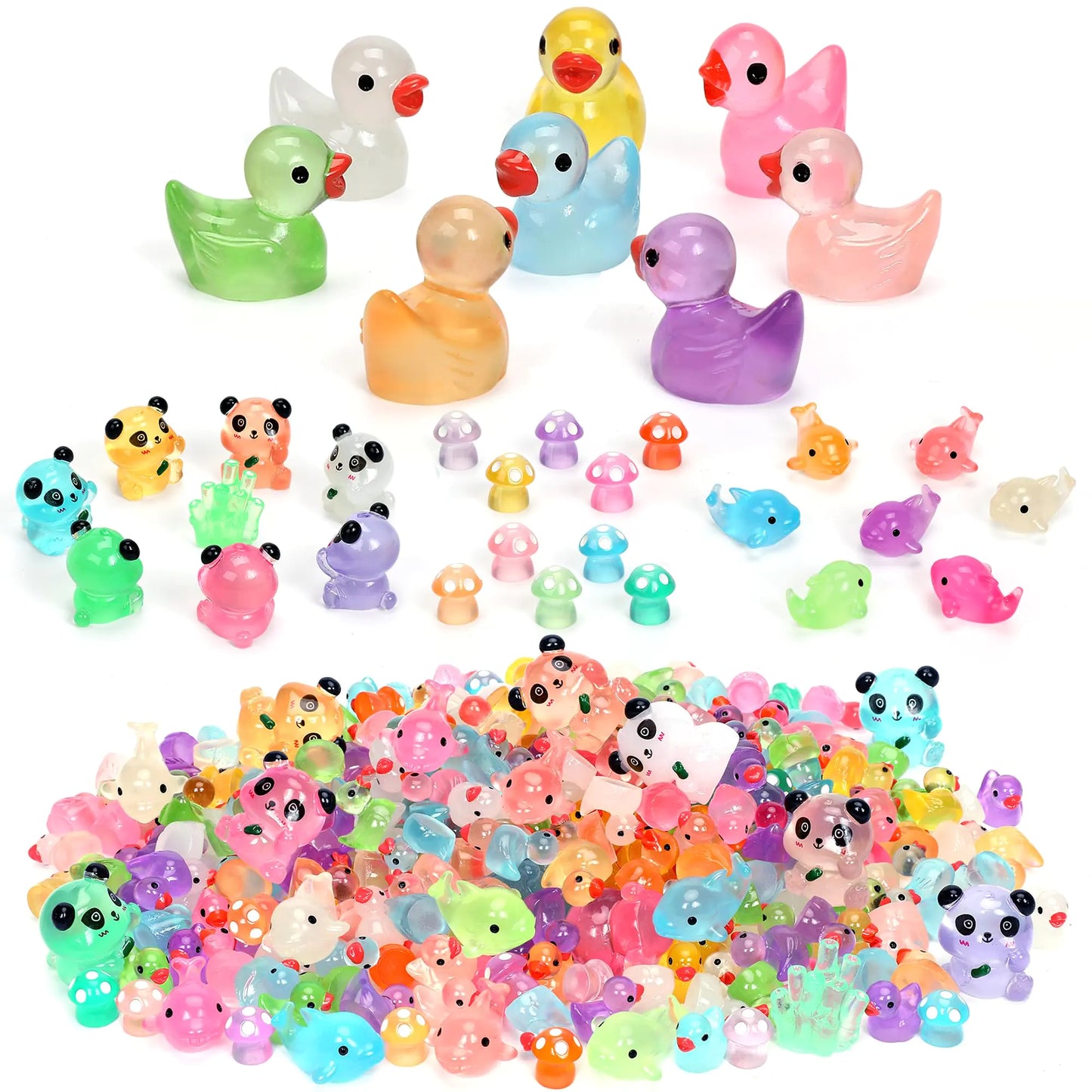 Luminous Mini Resin Ducks Tiny Animals Glow in The Dark Duck Panda Dolphin Mushroom 4 Combination Sets for Garden Micro Landscape Aquarium Potted Dollhouse Decor 105PCS