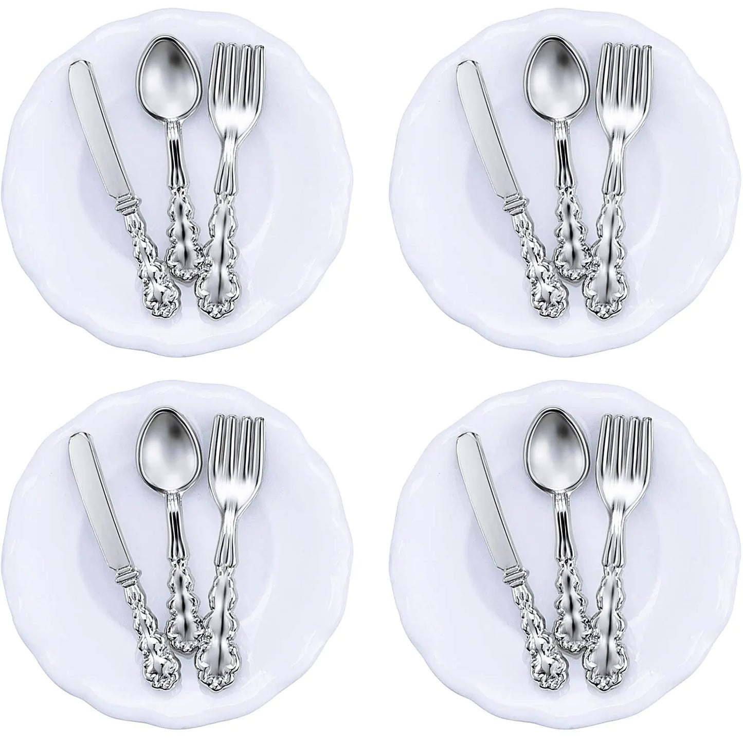 Fairy Place Settings 4 Pieces 1:12 Scale Miniature Dollhouse Plates and 12 Pieces Spoons Knives Forks Metal Tableware Kitchen Accessories Miniatures Porcelain Plate Set Dollhouse Decoration
