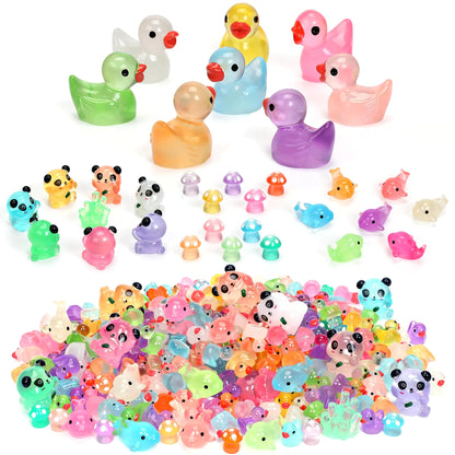 Luminous Mini Resin Ducks Tiny Animals Glow in The Dark Duck Panda Dolphin Mushroom 4 Combination Sets for Garden Micro Landscape Aquarium Potted Dollhouse Decor 105PCS