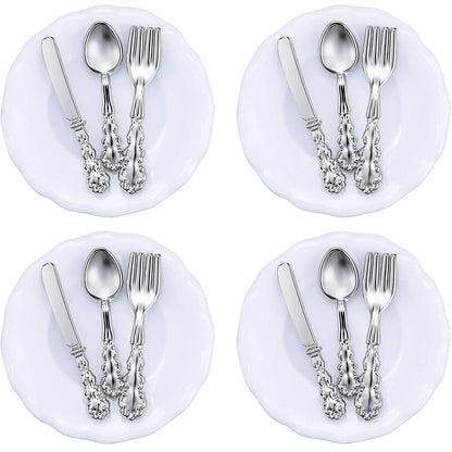Fairy Place Settings 4 Pieces 1:12 Scale Miniature Dollhouse Plates and 12 Pieces Spoons Knives Forks Metal Tableware Kitchen Accessories Miniatures Porcelain Plate Set Dollhouse Decoration