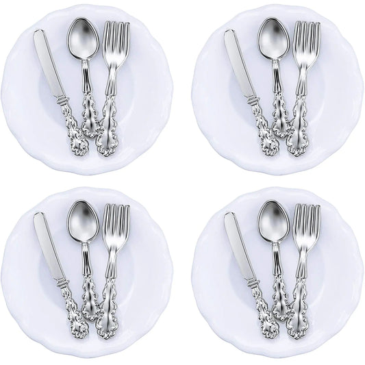 Fairy Place Settings 4 Pieces 1:12 Scale Miniature Dollhouse Plates and 12 Pieces Spoons Knives Forks Metal Tableware Kitchen Accessories Miniatures Porcelain Plate Set Dollhouse Decoration